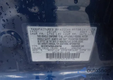 2013 Nissan Versa 1.6 Sv z USA, uszkodzony, nr VIN 3N1CN7AP6DL834756